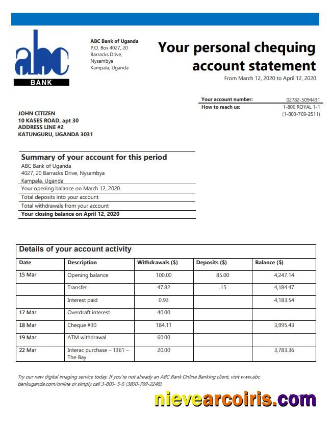 Uganda ABC Bank of Uganda proof of address bank statement in Word and PDF format (.doc and .pdf)
